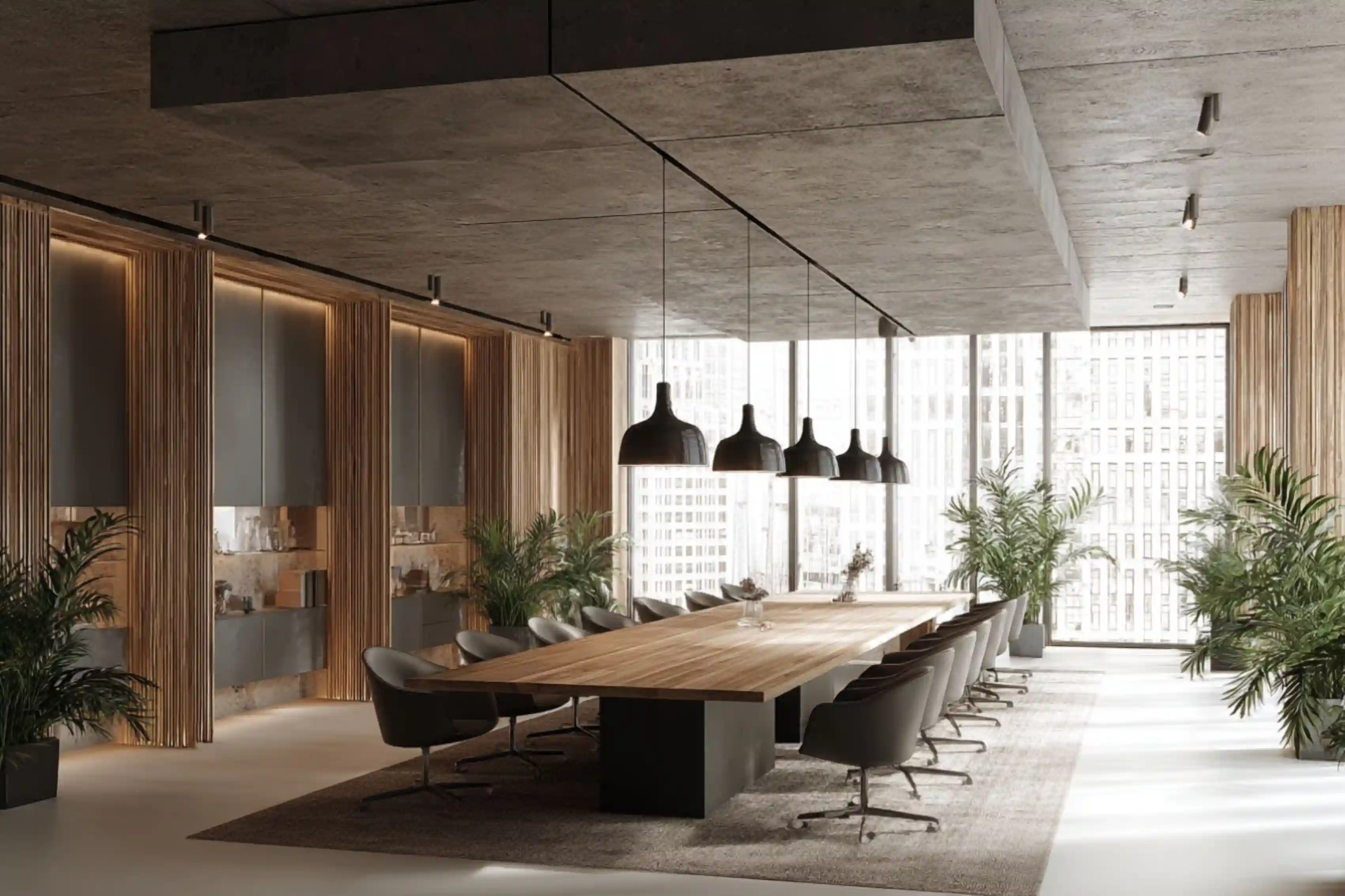Ziggurat Corporate Project - Modern boardroom with slatted wood walls and long conference table - AiSpaces.webp